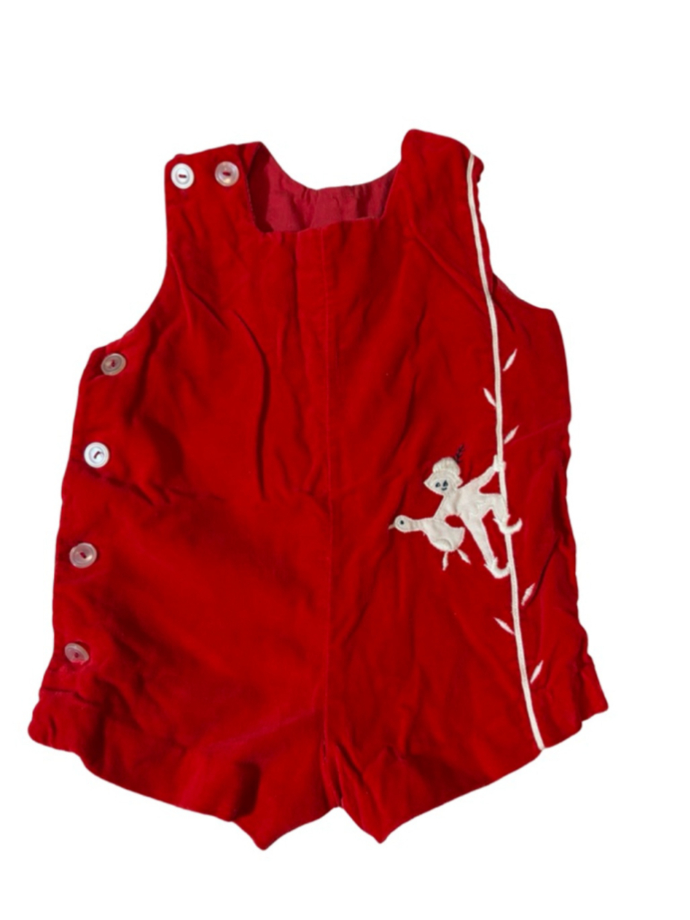 Vintage Red Velvet Boy Duck Embroidered Baby Toddler Romper Shortall